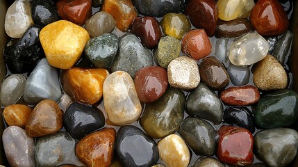 A tranquil lake shore lined with multicolored pebbles and framed by clear, calm water.