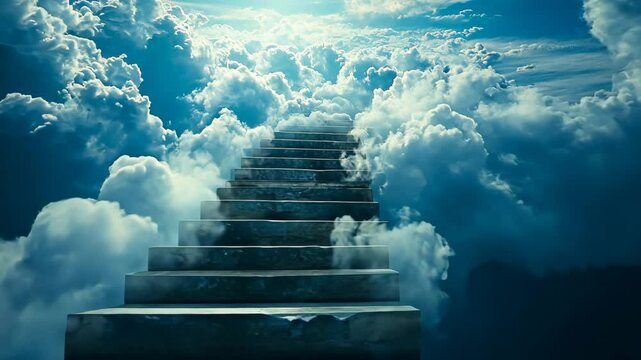 Stairs leading to a bright sky surrounded by white clouds during daytime