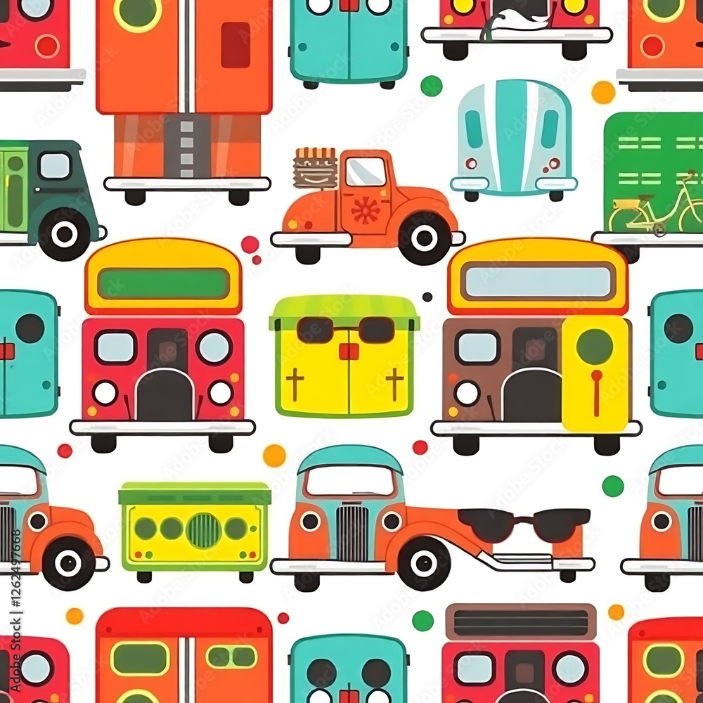 Aufkleber retro vehicle seamless pattern: a vibrant and playful seamless pattern featuring a colorful array of