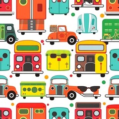 Retro Vehicle Seamless Pattern: A vibrant and playful seamless pattern featuring a colorful array of retro vehicles, including buses, cars, trucks, and a bicycle.