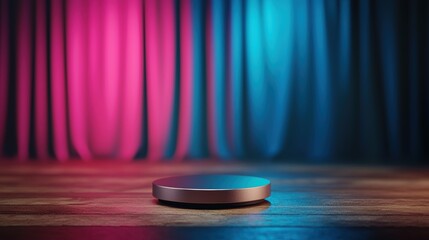 Detailed Modern Podium on Stage Against Dramatic Backdrop of Colorful Curtains