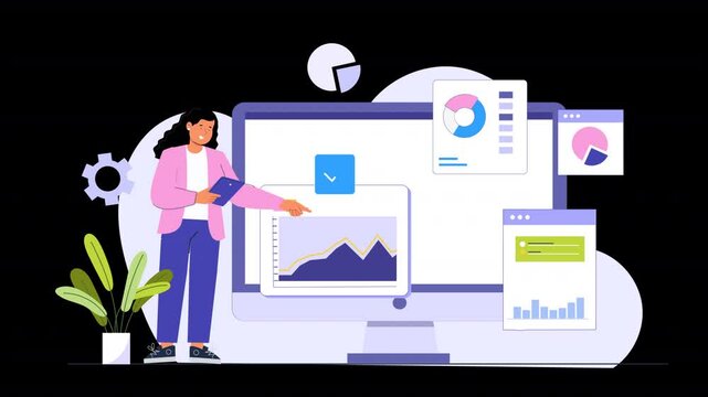 Flat animation illustrating characters engaged in data analysis, utilizing tools and software to examine datasets, interpret trends, and derive actionable insights to inform decisions and strategies.