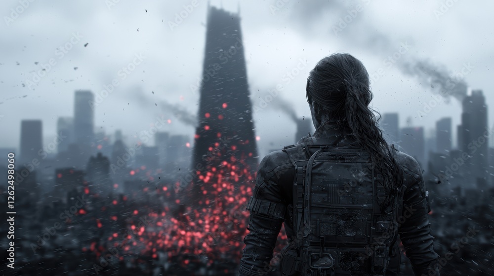 Poster panoramic view of a futuristic city with advanced architecture under a cloudy sky
