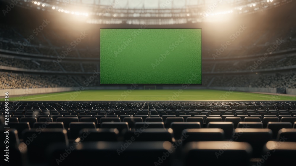 Poster wide angle view of empty stadium with green screen ready