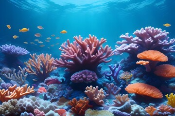 Obraz premium Underwater view of an ocean or sea with colorful coral reefs and tropical fish. This could be a view you see while snorkeling or deep sea diving or swimming.