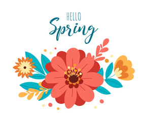 Cute Hello Spring card with bright wildflowers. Hand drawn floral template for Easter, birthday or Mothers Day. Design for poster, banner, greeting, card, post, promotion