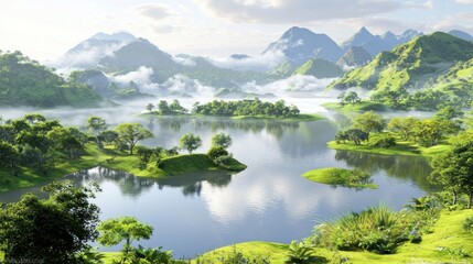 Obraz premium Serene lake nestled in lush mountains with misty morning light