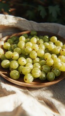 Bright green gooseberries are neatly placed on a wooden plate, illuminated by soft natural light, emphasizing their glossy surface and unique texture