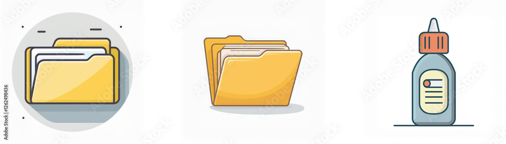 Poster three vector icons display on a white background, featuring two variations of yellow folders for fil