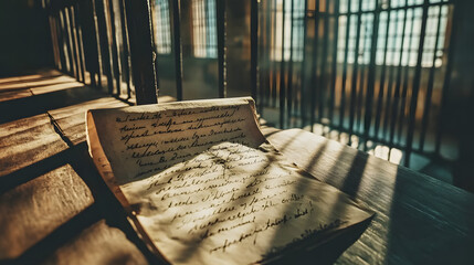 Weathered handwritten letter on aged paper placed on wooden desk, symbolizing a jail letter, evoking somber and reflective emotions, historical and nostalgic concept.