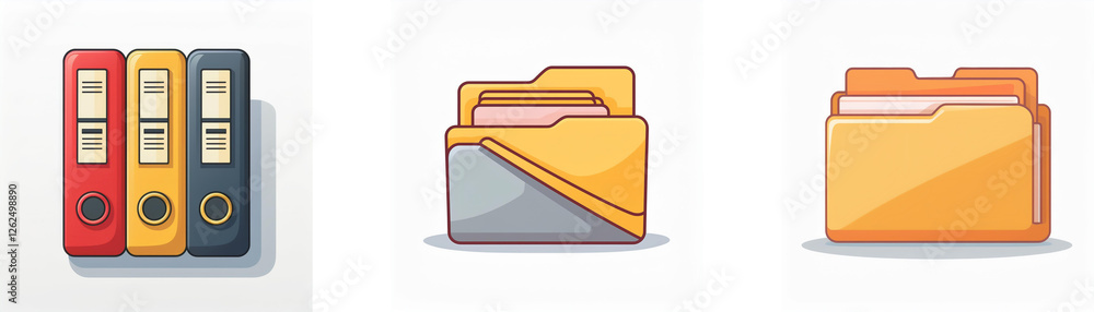 Aufkleber description: three sets of office supplies are displayed, featuring colorful ring binders and file f