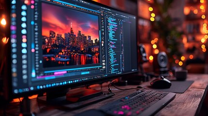 Editing cityscape on computer in a cozy workspace
