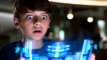 Boy looks at futuristic digital tablet with surprise and admiration boy is amazed by new technologies and knowledge. concept of digital progress in childrens education and leisure