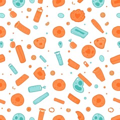 Seamless Cell Pattern: A cheerful and playful repeating pattern featuring cartoon-style cells, lab equipment, and food elements in teal and orange hues. Perfect for educational materials, textiles.