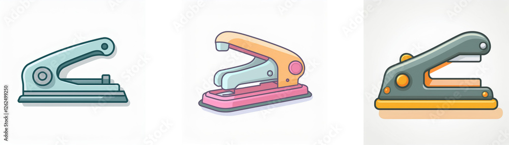 Poster three colorful hole punchers are displayed against a white backdrop. each puncher has a distinct des
