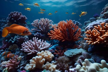 Fototapeta premium Underwater view of an ocean or sea with colorful coral reefs and tropical fish. This could be a view you see while snorkeling or deep sea diving or swimming.