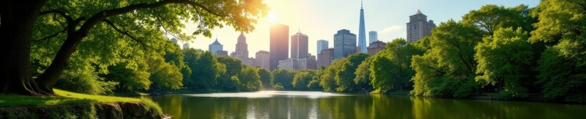 Obraz premium Lush Central Park greenery against iconic Manhattan backdrop Summer sun , photography, skyline, grass