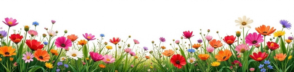 Lush cluster of wildflowers, bright hues, pure white backdrop , vibrant, floral, cluster