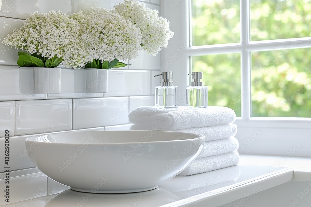 Poster elegant bathroom setting with fresh flowers and neatly arranged towels by the window in soft sunligh