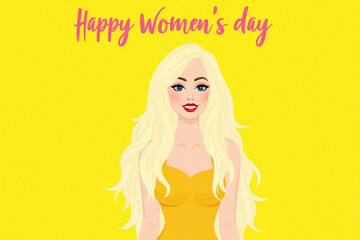 Bright yellow bg cartoon woman's face long wavy hair Happy Women's day