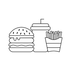 Burger, Soft Drink and French Fries Icon. Vector Linear Illustration of Burger, Soda and French Fries. Fast Food Unhealthy Diet in Line Style Design.