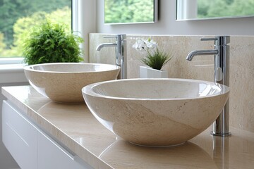 Fototapeta premium Elegant bathroom design featuring dual stone vessel sinks and modern fixtures in a serene setting