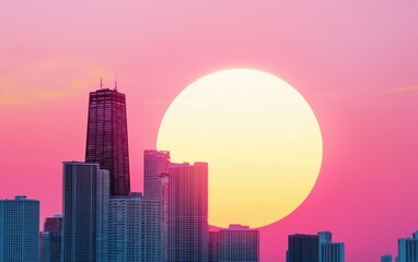 Vaporwave-inspired tropical skyline with a massive glowing sun setting behind the skyscrapers, blending nostalgic 80s vibes with modern aesthetics