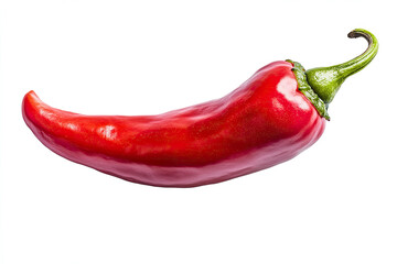 A single vibrant red chili pepper isolated on white background showing its rich color and curved shape