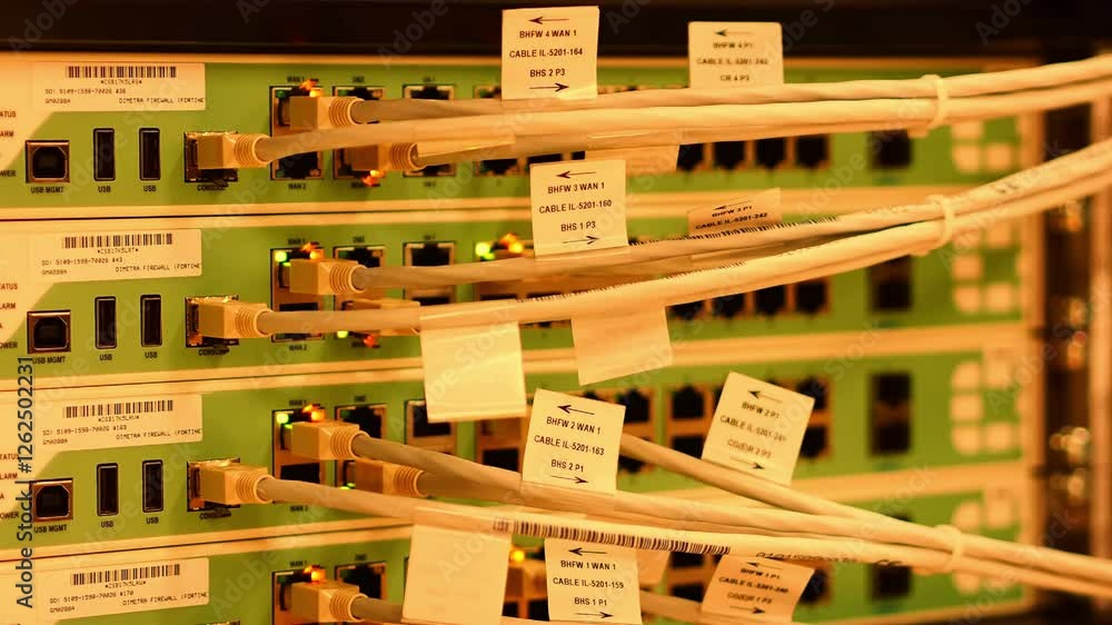 Wall mural network switch with lan cable mount on rack data center server internet connected cluttered cables