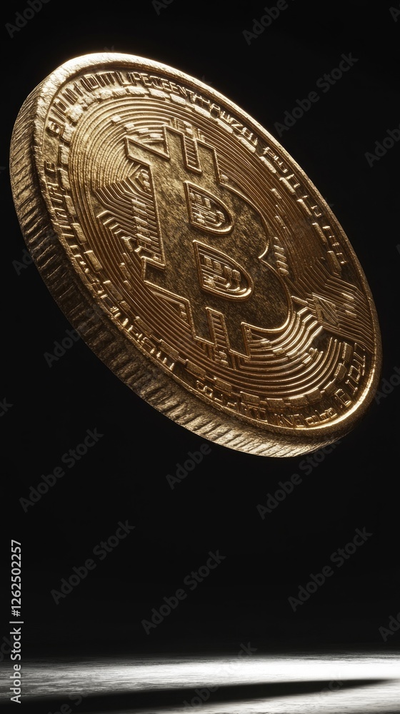 Poster gold bitcoin coin hovers in a dimly lit setting, representing innovation in digital currency and blo