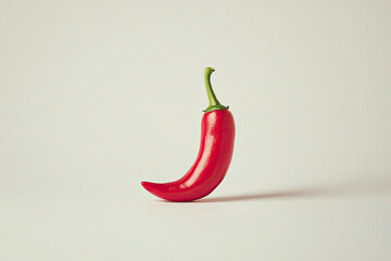 A single red chili pepper stands upright against a light beige background, showcasing its vibrant color and smooth texture