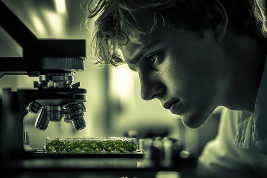 A young scientist intensely examines green samples under a microscope, engrossed in scientific research. - Powered by Adobe