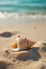 Obraz premium Summer beach with strafish and shells on Fine Sand – Soft Natural Lighting Highlights Its Curves and Texture, Creating a Peaceful, Beach-Inspired Aesthetic Perfect for Travel and Ocean-