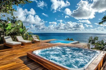 Fototapeta premium Luxury oceanfront villa with hot tub and infinity pool overlooking breathtaking sea.