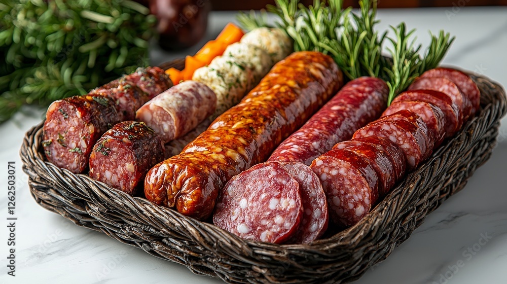 Poster a vibrant display of assorted gourmet sausages, showcasing different textures and colors that make a