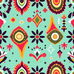 Fototapeta premium Vibrant Floral Textile Pattern: A seamless pattern bursting with bold colors and lively floral motifs, reminiscent of traditional folk art. Perfect for textile design, apparel.