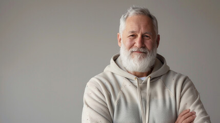 Obraz premium Stylish elderly man wearing a teenage-style hoodie, smiling confidently at the camera, a blend of youthful fashion and timeless charm. Aging with style, self-confidence, breaking age stereotypes.