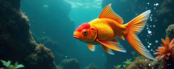 Naklejka premium Orange goldfish, flowing paint, dynamic underwater scene, ocean, aquatic, pattern