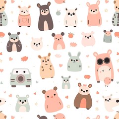 Adorable Animal Friends Seamless Pattern: A charming and playful seamless pattern featuring a variety of cute cartoon animals, including bears, rabbits, and hamsters, in pastel colors.