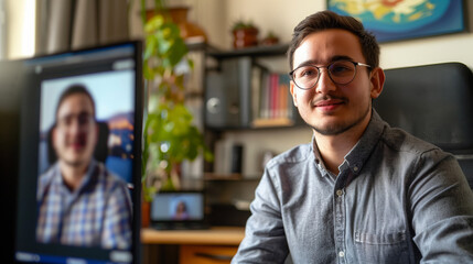 Fototapeta premium Remote Work and Virtual Meeting – Young Professional in a Home Office Setting -background, Generative AI