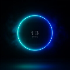Neon Blue gradient circle with smoke on dark background. 3D render abstract light vector illustration.