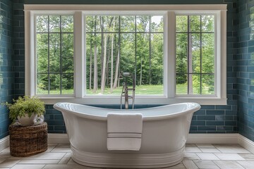 Fototapeta premium Elegant bathroom design with freestanding tub and scenic views of lush greenery outside