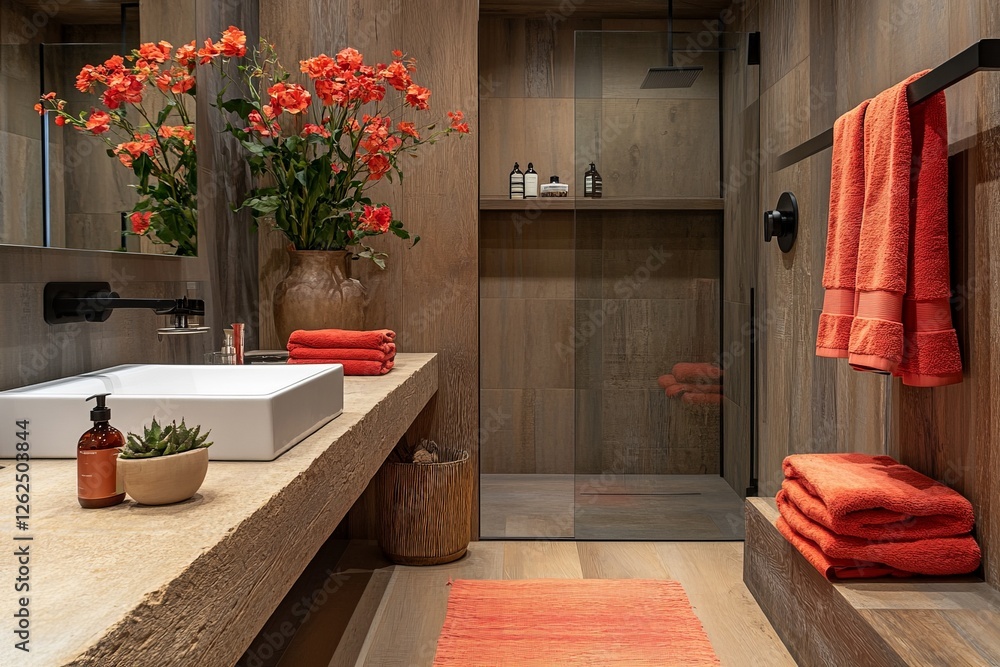 Poster Modern bathroom design with warm color palette and elegant decor in a serene setting