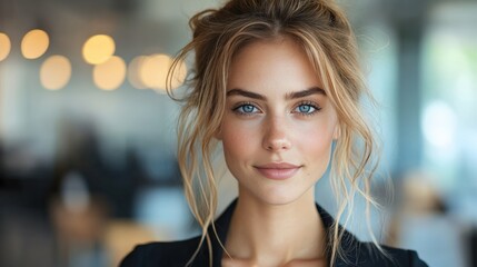 Obraz premium Confident Young Woman with Stunning Blue Eyes in Modern Cafe Setting