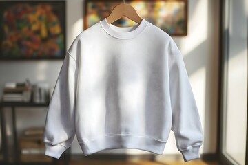 Stylish white sweatshirt display modern living room apparel photography cozy indoor setting front view fashion concept