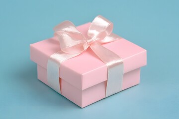 Obraz premium Elegant pink gift box with satin ribbon on soft blue background.