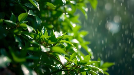 Obraz premium Leaves Under Rain Shower Fresh Green Nature Scene Close-up