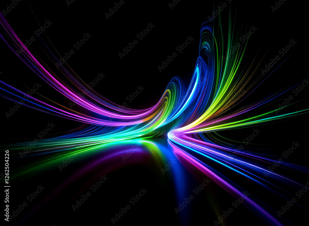 Poster dynamic display of colorful light trails. abstract, vibrant, flowing lines on a black backdrop creat