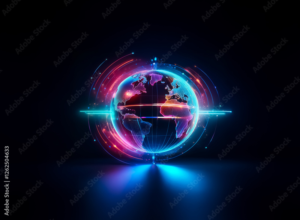 Poster stylized globe illuminated with neon lights. digital energy streams and particles orbit this vibrant