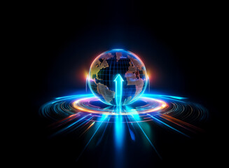 A glowing globe with continents is positioned above a vibrant blue arrow pointing upwards. Light trails emanate from the base, creating a futuristic and dynamic scene against a dark backdrop.